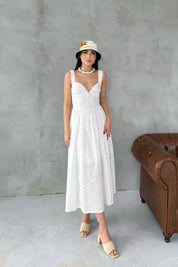 Beyaz Askılı Midi Boy Brode Elbise SY-3068-Beyaz