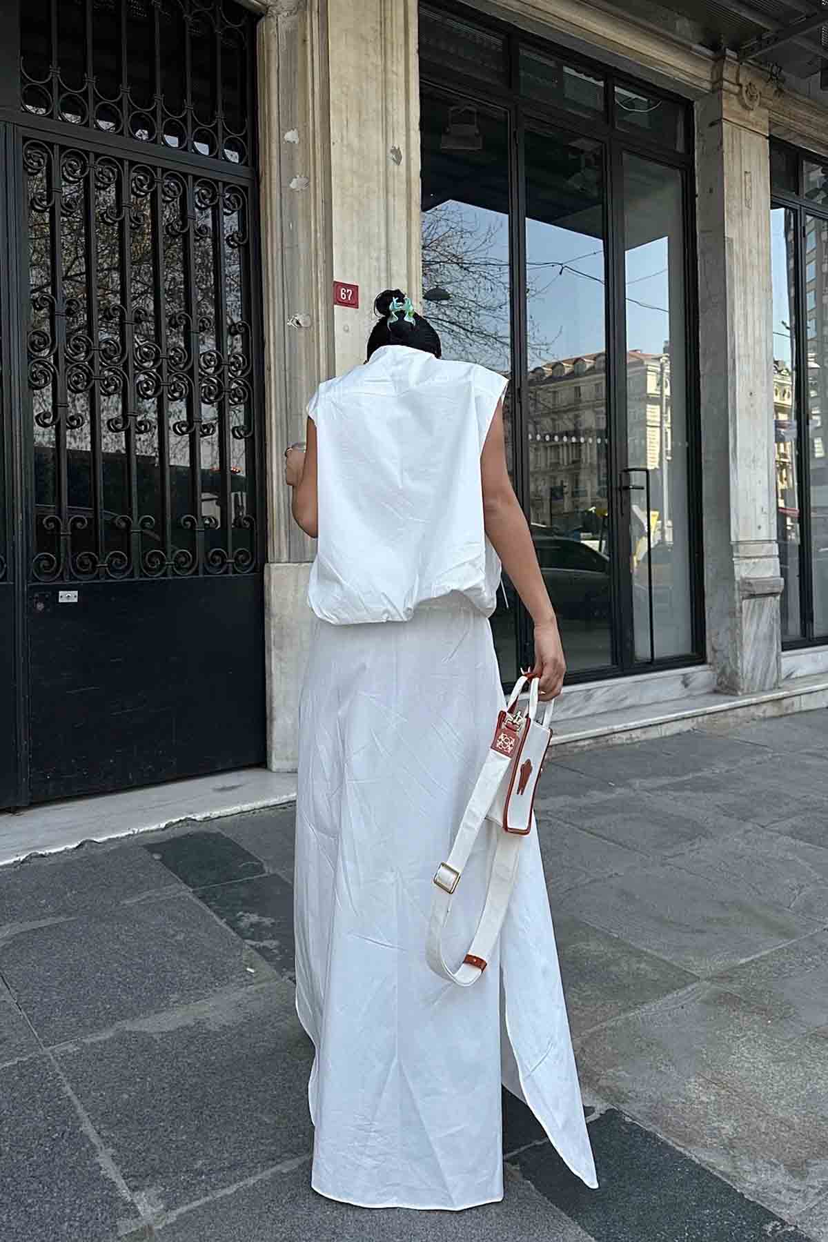 Ekru Fermuarlı Sıfır Kol Yelek Etek Rome Takım SY-1907-Ekru