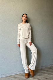 Bej Kazak ve Beli Lastikli Pantolon Triko Takım SY-1583-Bej