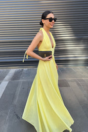 Sarı Puglia Tasarım Sırt Detaylı Keten Elbise SY-2263-Sarı