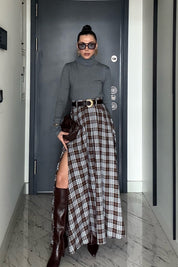 Ekose Desenli Yırtmaç Detaylı Kahveli Çizgili Kloş Etek SY-3494-Kahve