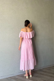 Pembe  Madonna Yaka Kemer Detaylı Fisto Elbise SY-1964-Pembe