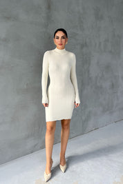 Krem Fitilli Yarım Balıkçı Yaka Triko Elbise SY-2626-Krem