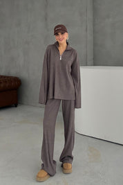 Kahve Fitilli Fermuar Detaylı Alt Üst Takım SY-3451-Kahve