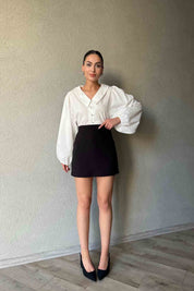 Beyaz Bebe Yaka Taş Düğme Detaylı  Balon Kol Gömlek SY-1819-Beyaz