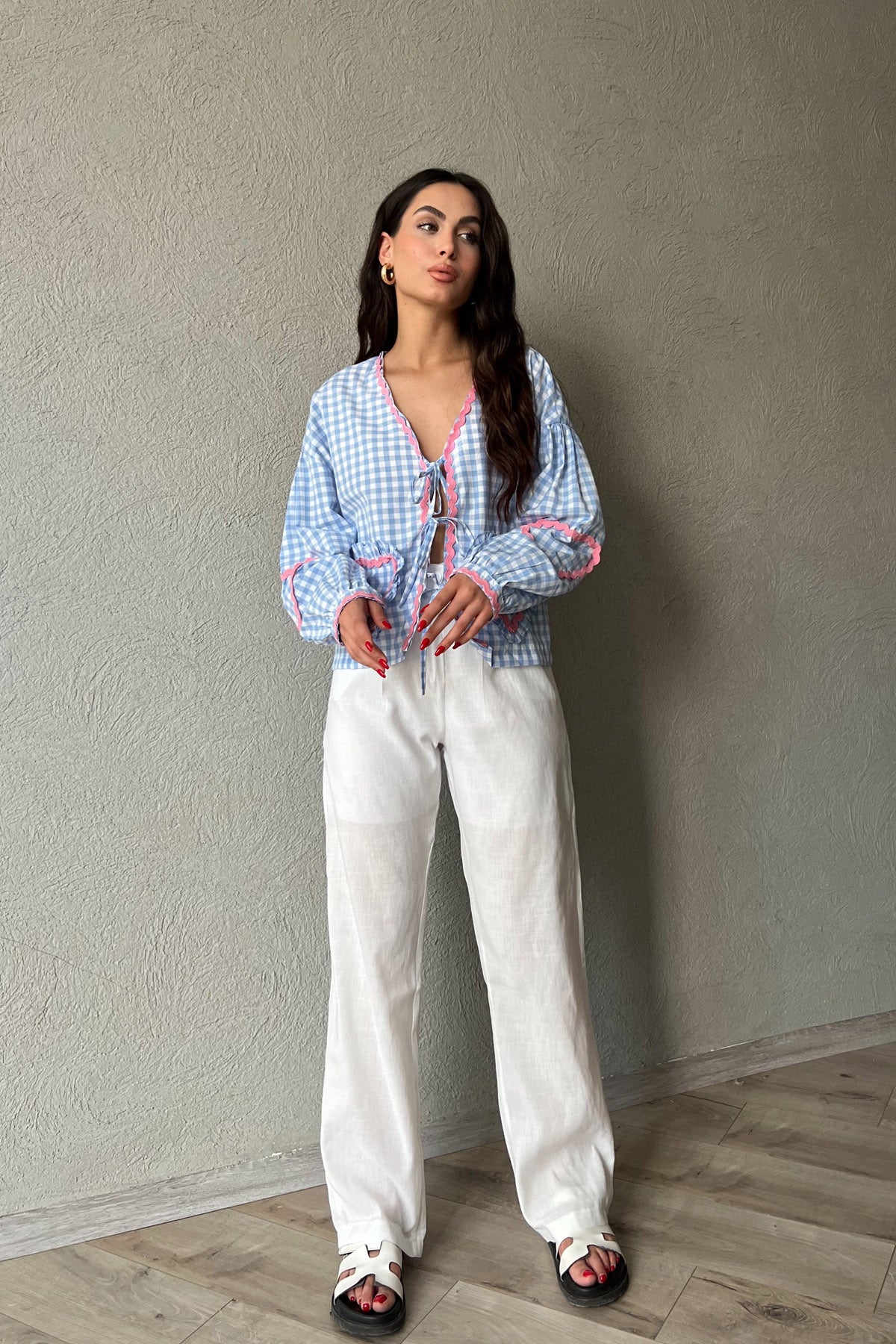 Beyaz Keten Palazzo Pantolon SY-2168-Beyaz