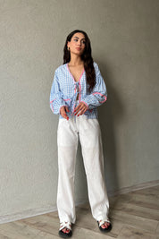 Beyaz Keten Palazzo Pantolon SY-2168-Beyaz