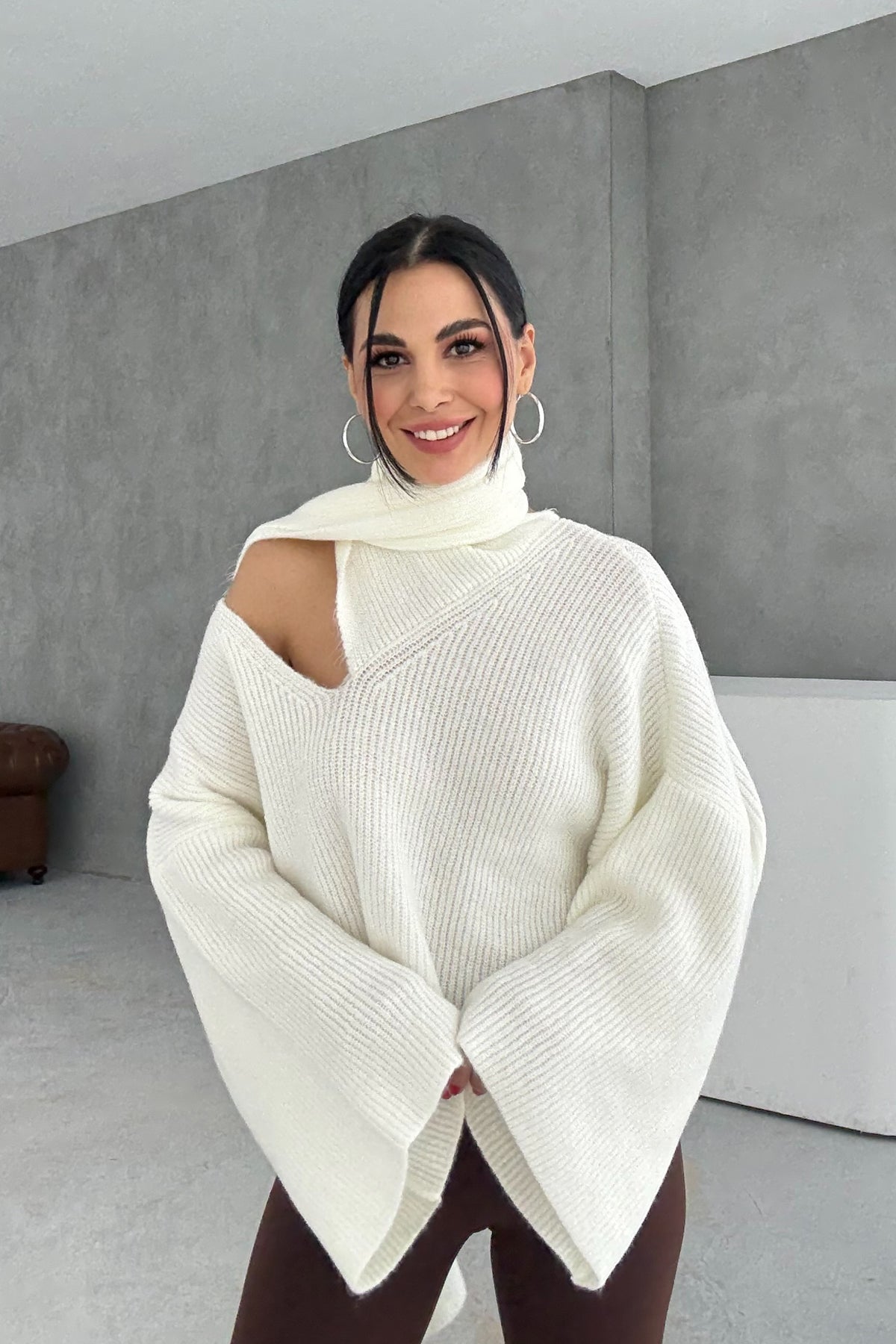 Ekru Şal Detaylı Triko Kazak SY-3427-Ekru