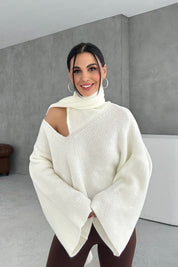 Ekru Şal Detaylı Triko Kazak SY-3427-Ekru