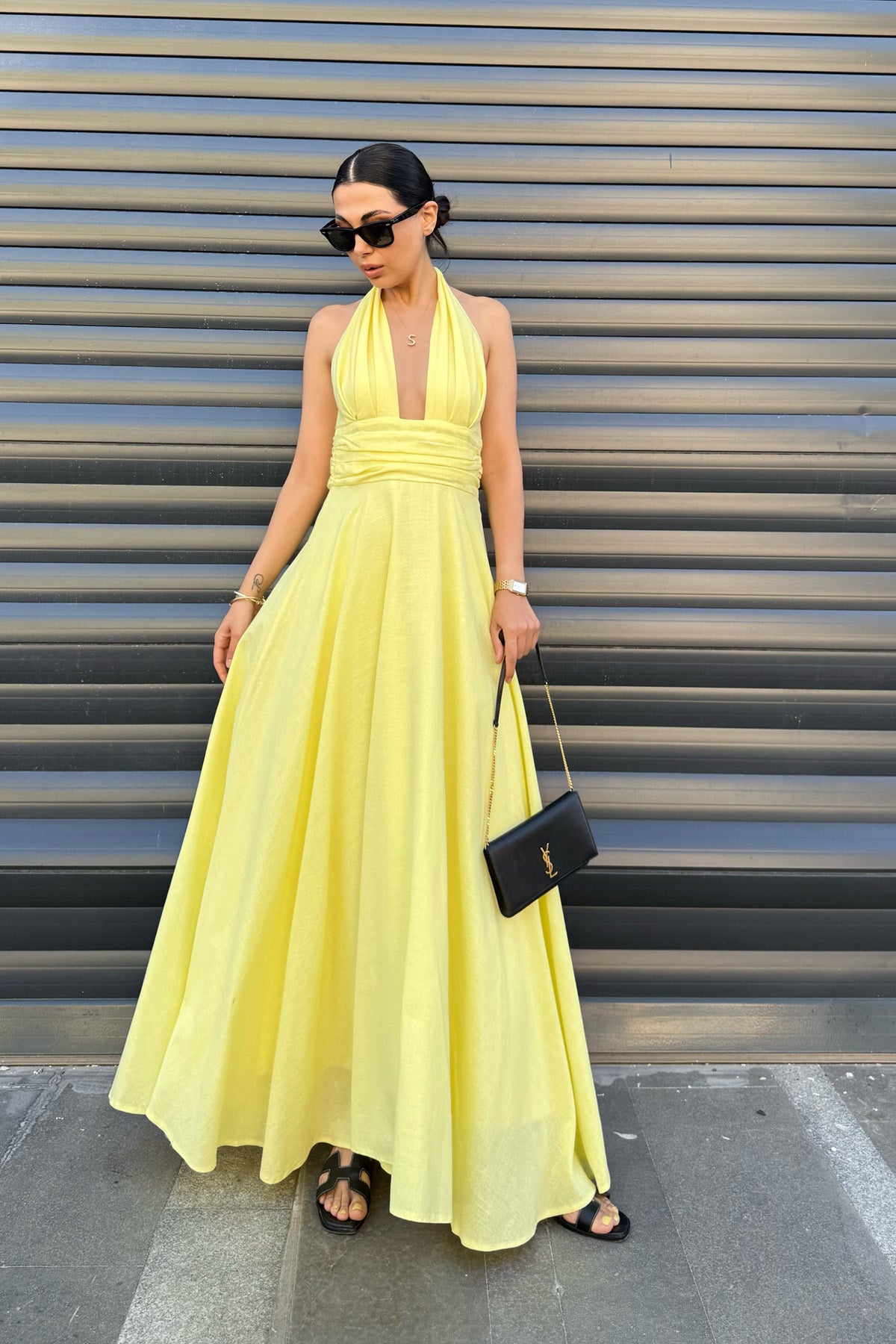 Sarı Puglia Tasarım Sırt Detaylı Keten Elbise SY-2263-Sarı