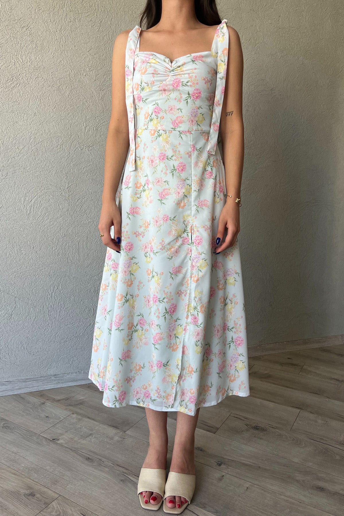 Yeşil Çiçek Desenli Omuzdan Bağlamalı Elbise SY-2174-Yeşil