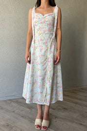 Yeşil Çiçek Desenli Omuzdan Bağlamalı Elbise SY-2174-Yeşil