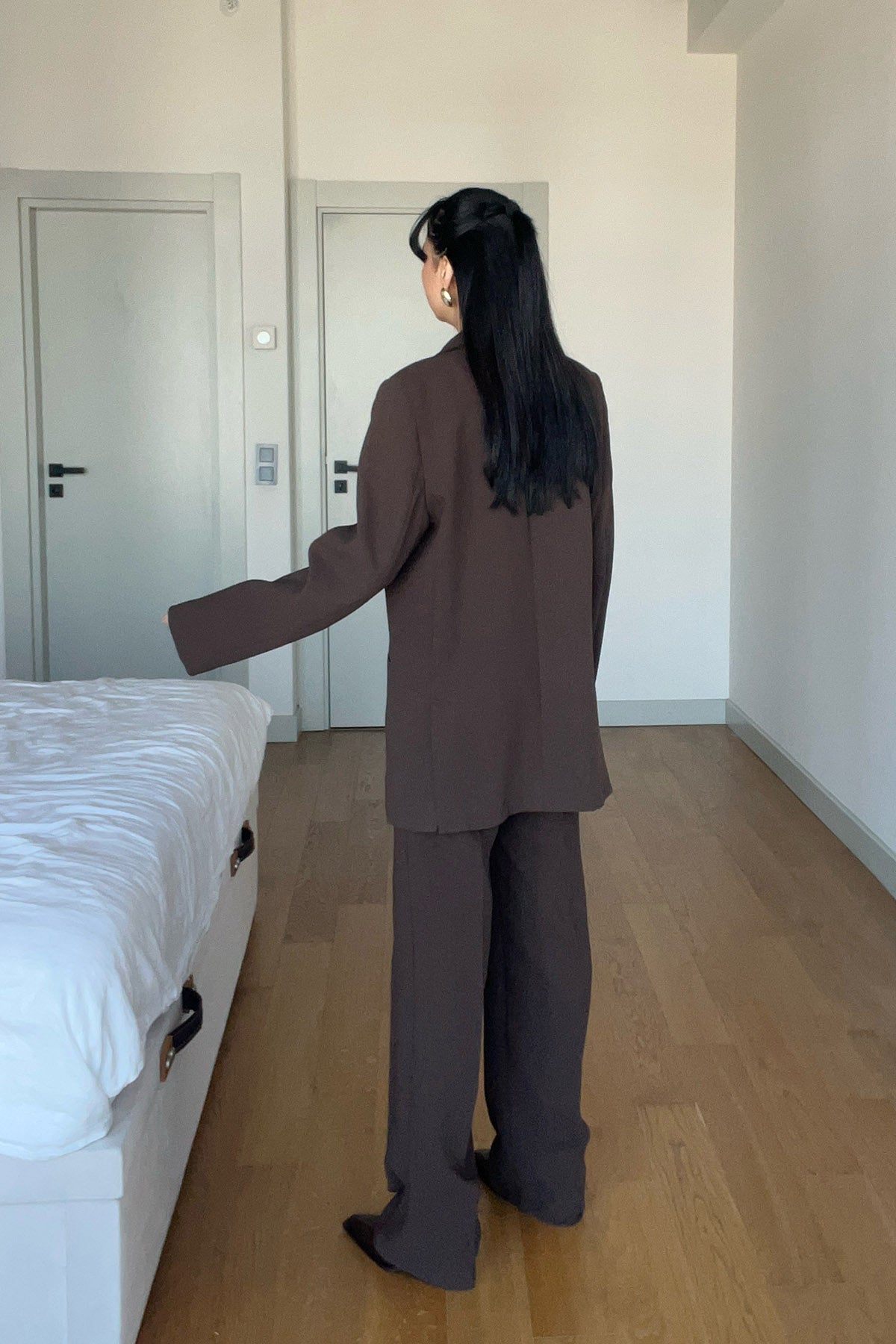 Kahve Yandan Düğmeli Ceket ve Pileli Pantolon Takım SY-2986-Kahve