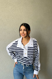 Lacivert -Beyaz Çizgili Yakalı ve Gold Düğme Detaylı Sweat SY-1151-Lacivert