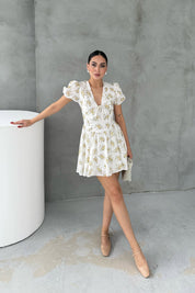 Balon Kol Sarı Çiçekli Mini Elbise SY-3055-Ekru