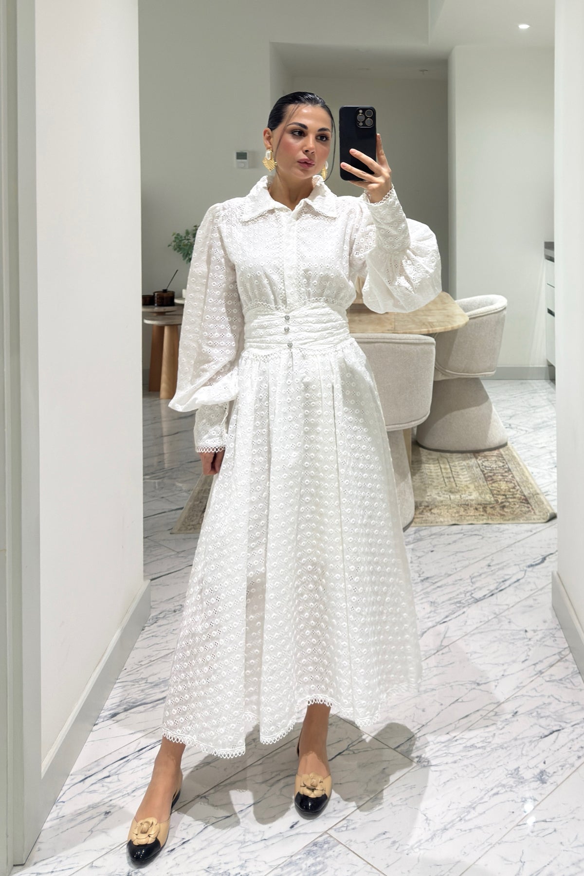 Dantel Motifli Midi Brode Elbise SY-3630-Beyaz