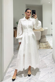 Dantel Motifli Midi Brode Elbise SY-3630-Beyaz