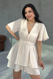 Bej Beli Lastikli Kuşaklı Mini Elbise SY-3067-Bej