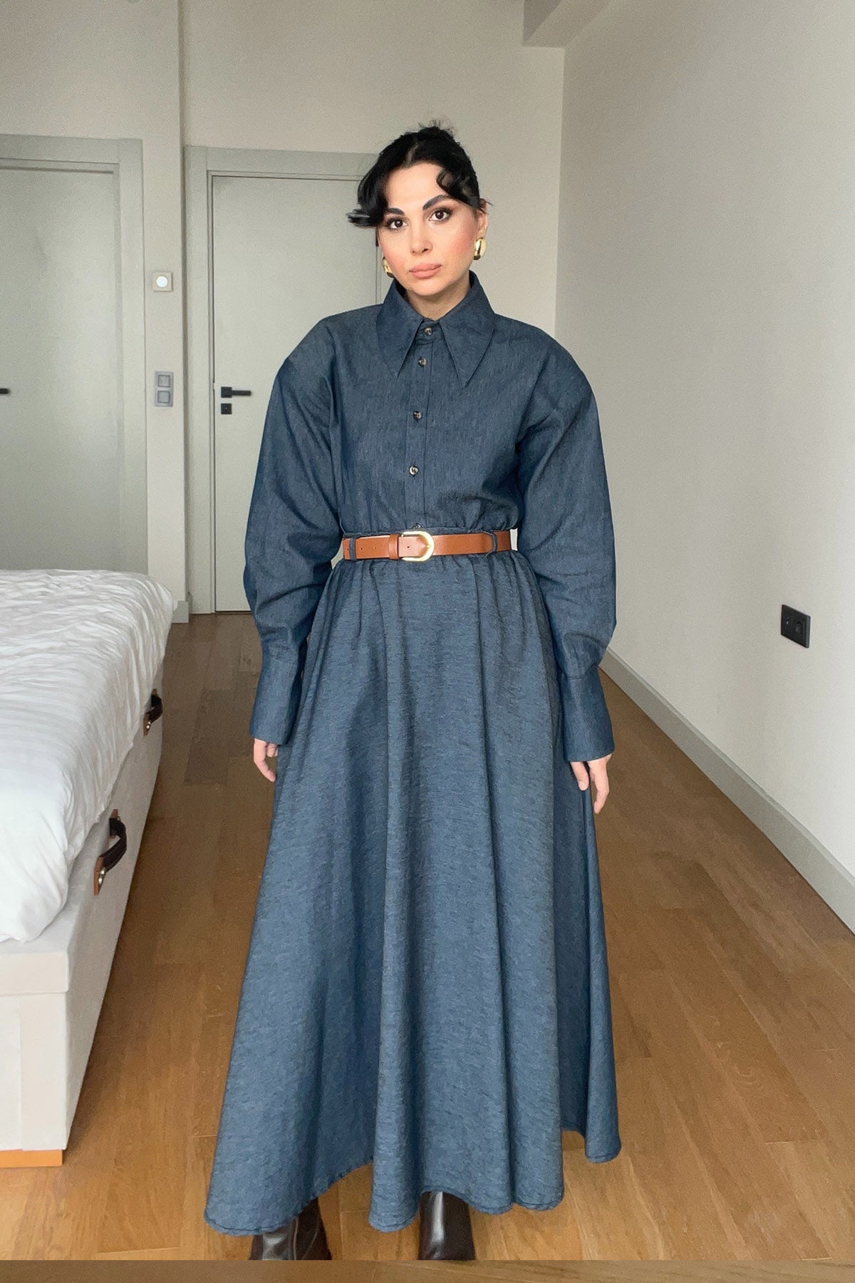 Denim Kemerli Kloş Etek ve Denim Gömlek Takım SY-2997-Mavi