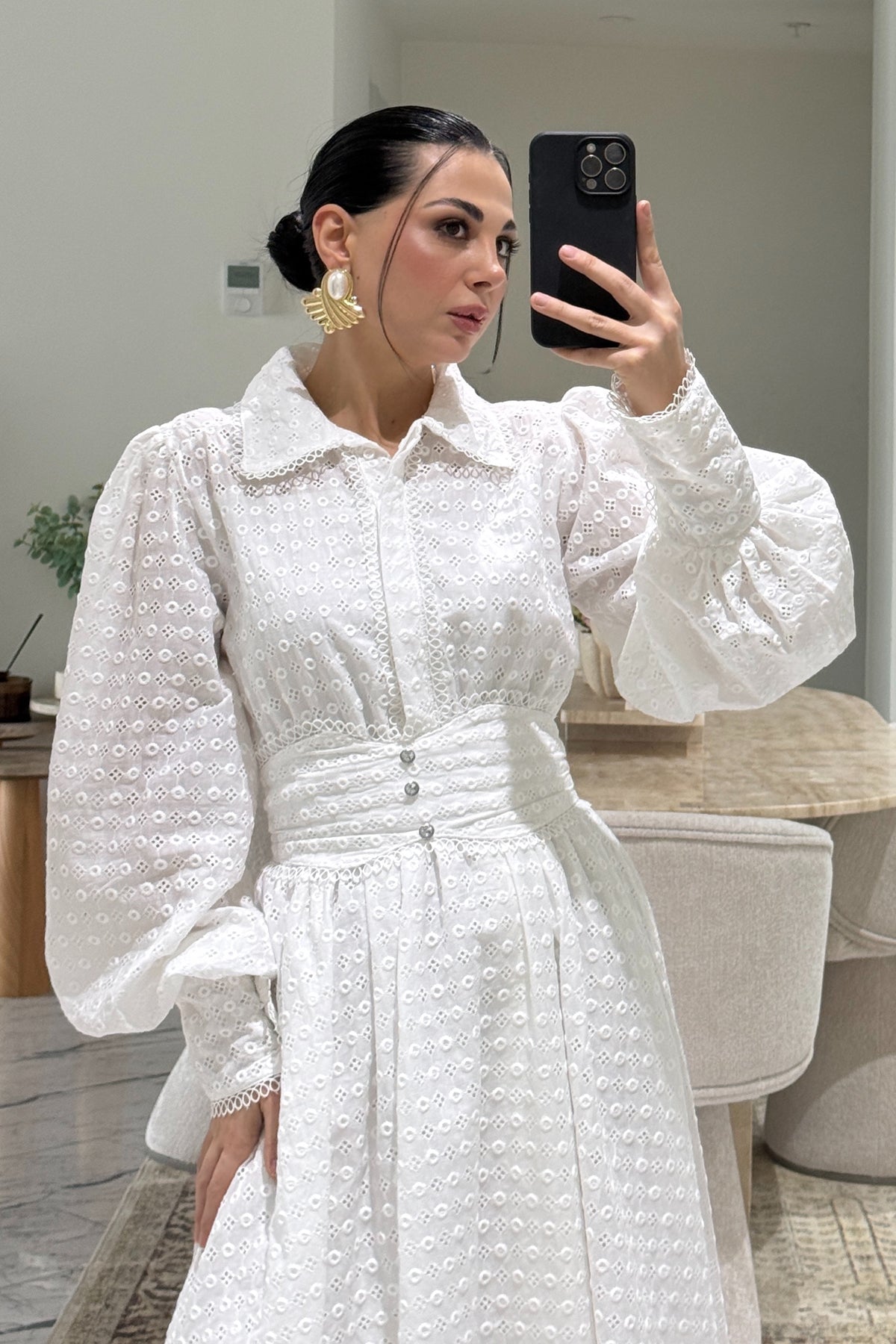 Dantel Motifli Midi Brode Elbise SY-3630-Beyaz