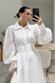 Dantel Motifli Midi Brode Elbise SY-3630-Beyaz