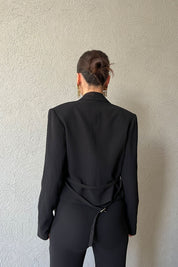 Siyah Kalın Askılı Büstiyer Kemerli Ceket ve Yüksek Bel Pantolon Takım SY-1286-Siyah