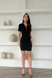 Siyah Yakası Bağcıklı Kısa Kol Basic Elbise SY-1680-Siyah