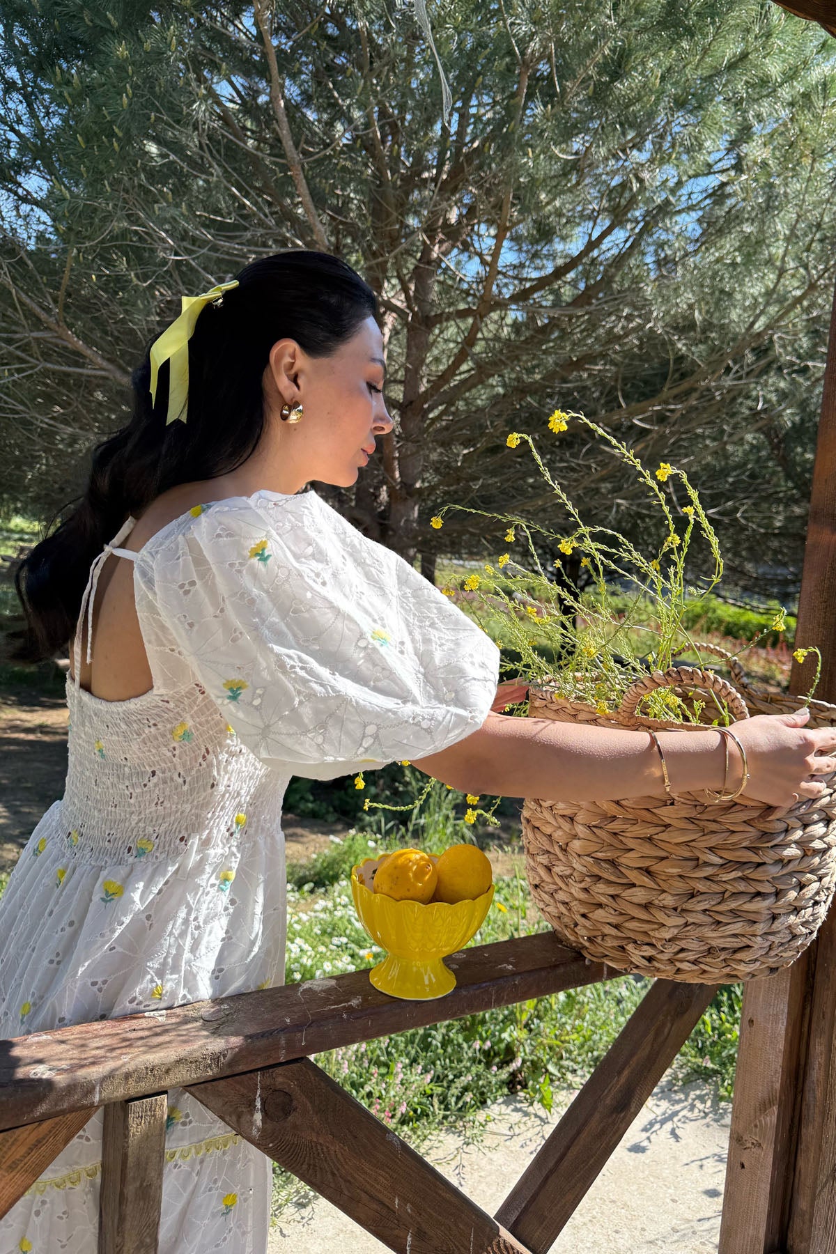 Beyaz Sarı Çiçekli Balon Kol Elbise SY-2267-Sarı