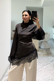 Dantelli Saten KahverengiTasarım Bluz SY-3662-Kahverengi