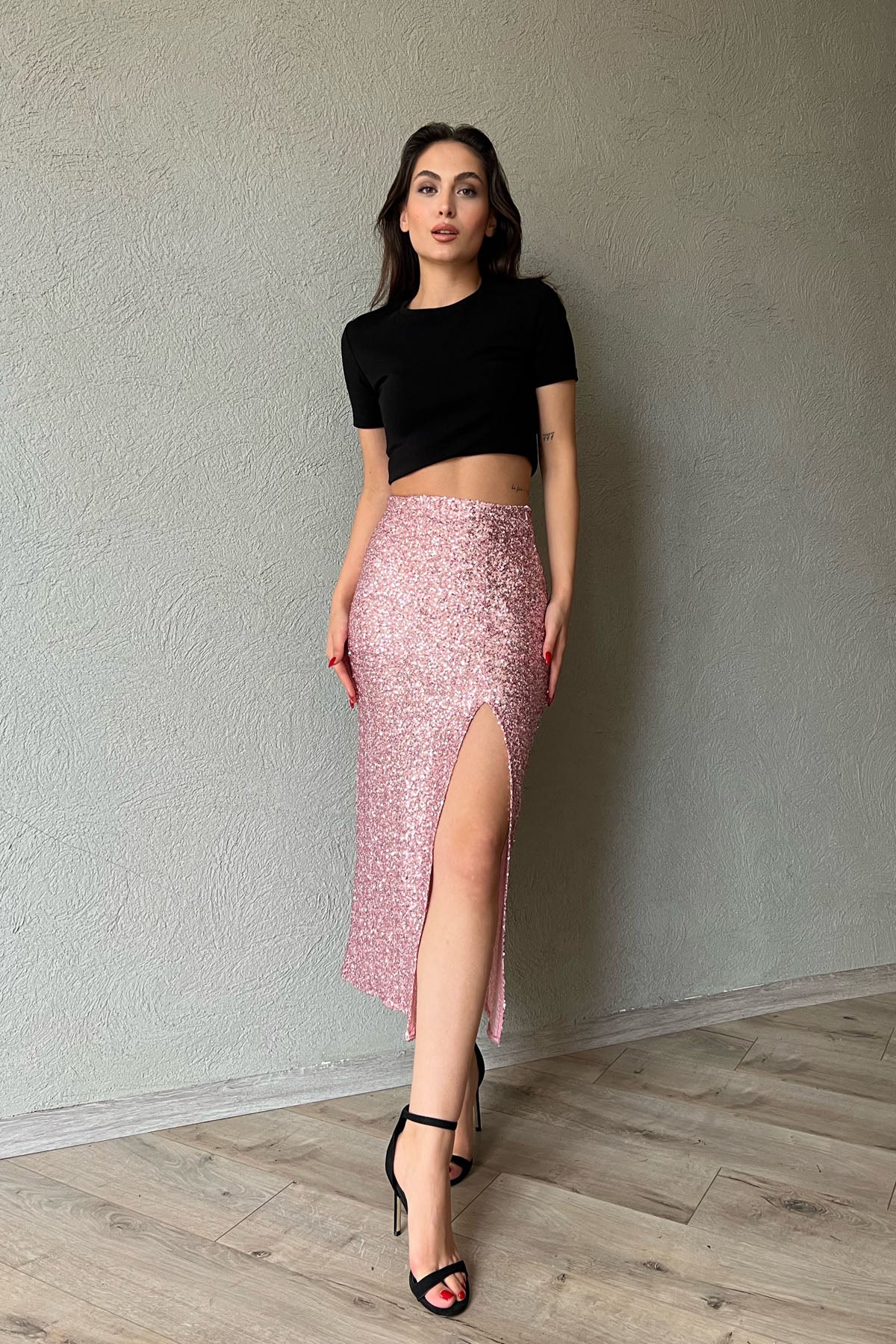 Pudra Pullu Fermuarlı Yırtmaç Detaylı Midi Etek SY-1327-Pudra