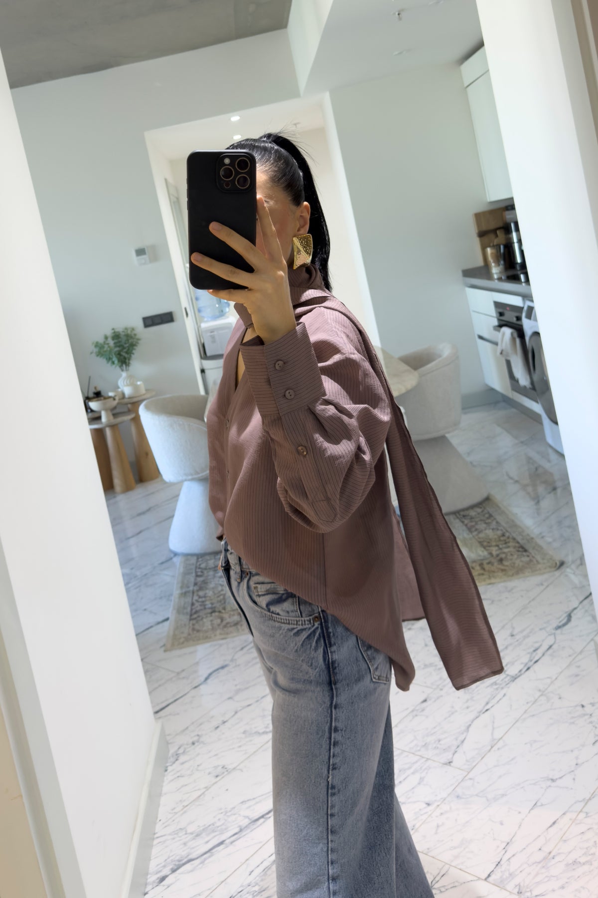 Kahve Şal Detaylı Çizgili Gömlek SY-3622-Kahve