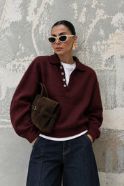 Bordo Polo Yaka Kadın Triko Kazak SY-3916-Bordo