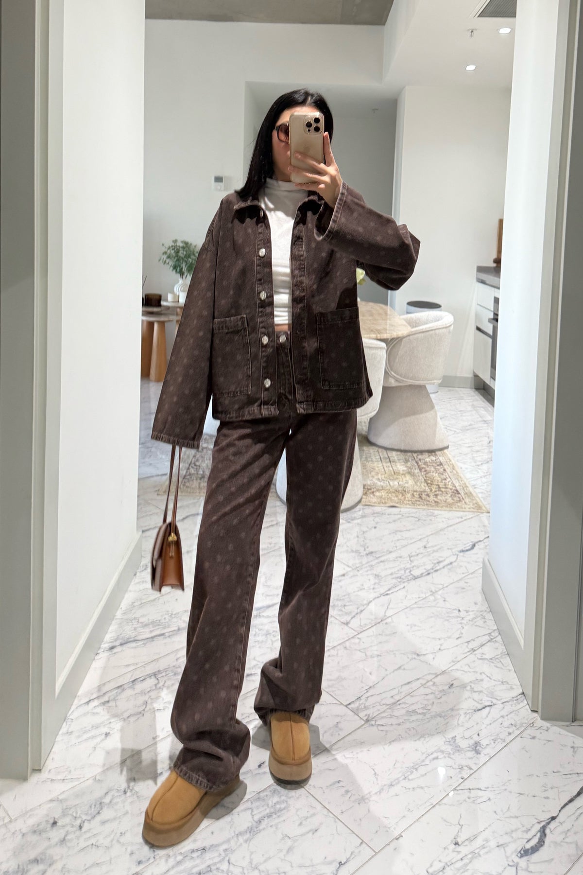 Kahve Puantiyeli Cepli Denim Ceket SY-3501-Puantiyeli