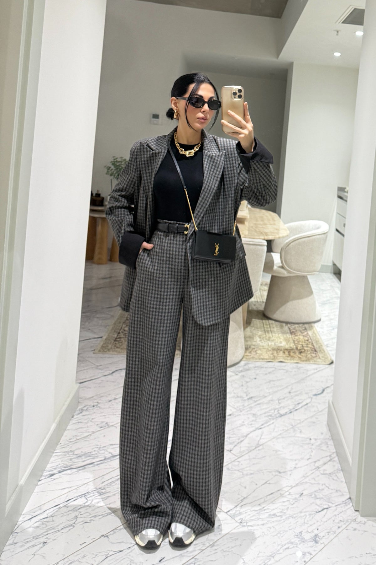 Gri Kareli Blazer Ceketli Pantolon Takım SY-3574-Gri