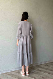 Müslin Kumaş V Yaka Rahat Kesim Gri Elbise SY-1939-Gri
