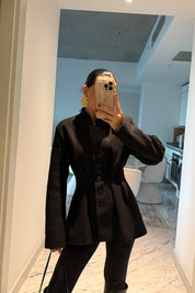 Siyah Belden Oturmalı Kaşe Özel Üretim Ceket SY-3416-Siyah