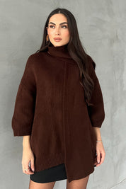 Kahverengi Kısa Kollu Şal Detay Oversize Kazak SY-2818-Kahverengi