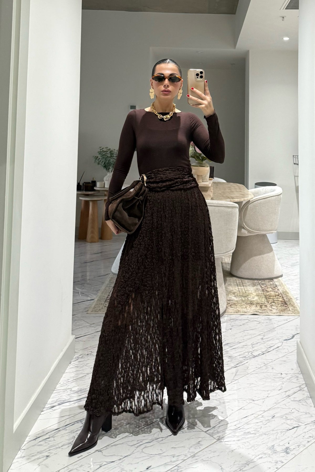 Gold Toka Detaylı Kahverengi Dantel Etek SY-3546-Kahverengi