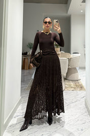 Gold Toka Detaylı Kahverengi Dantel Etek SY-3546-Kahverengi