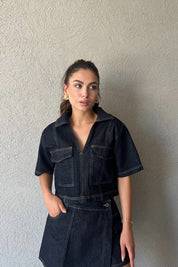 Koyu Mavi Crop Ceket Şort Etek Denim Takım SY-2295-Koyu Mavi