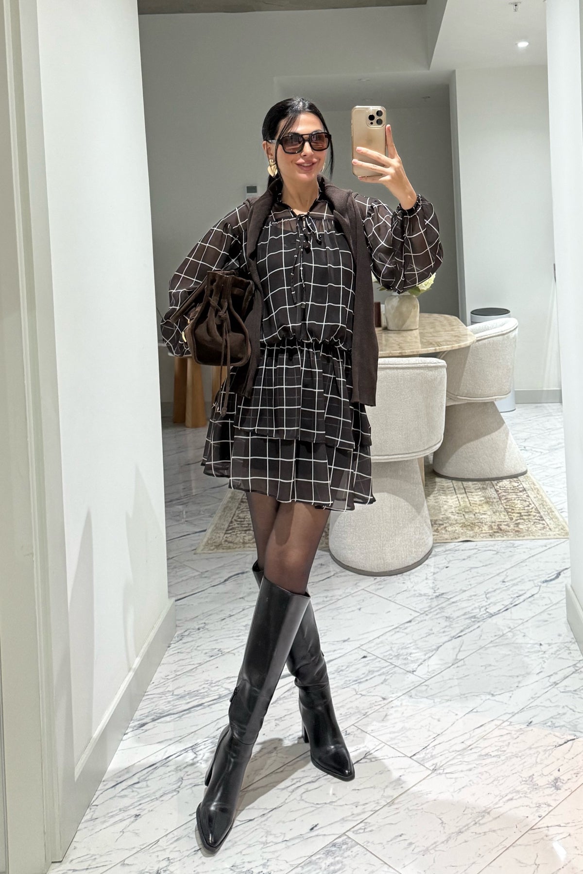 Kahverengi Beli Lastikli Volancia Elbise SY-3515-Kahverengi