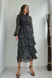 Siyah Puantiyeli Volanlı Şifon Kat Elbise SY-0087-Siyah