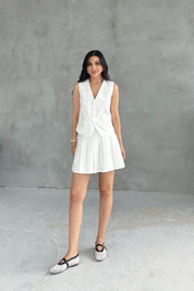 Ekru Maskülen Yelek Piliseli Etek Takım SY-2030-Ekru