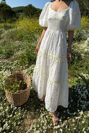 Beyaz Sarı Çiçekli Balon Kol Elbise SY-2267-Sarı