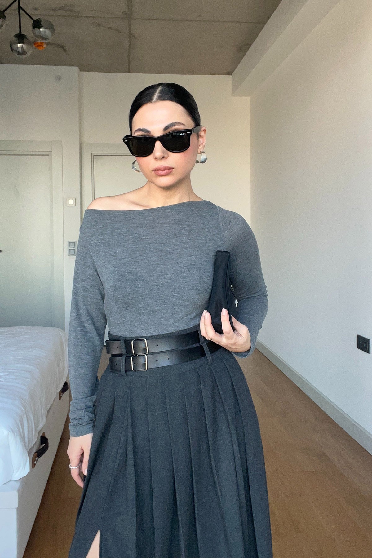 Antrasit Midi Boy Kemerli Piliseli Etek SY-2965-Antrasit