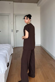 Acı Kahve Gold Düğme Detaylı Asimetrik Kesim Yelek Pantolon Takım SY-3004-Kahve