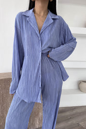 Açık Lila Yırtmaçlı Fitilli Gömlekli Kadın Oversize Takım SY-0465-Açık Lila