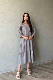 Müslin Kumaş V Yaka Rahat Kesim Gri Elbise SY-1939-Gri