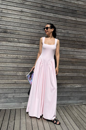 Kalın Askılı Kare Yaka Pembe Elbise SY-3161-Pembe