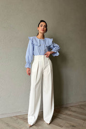 Mavi Taş Düğme ve Yaka Detaylı ZR Bluz SY-1695-Mavi